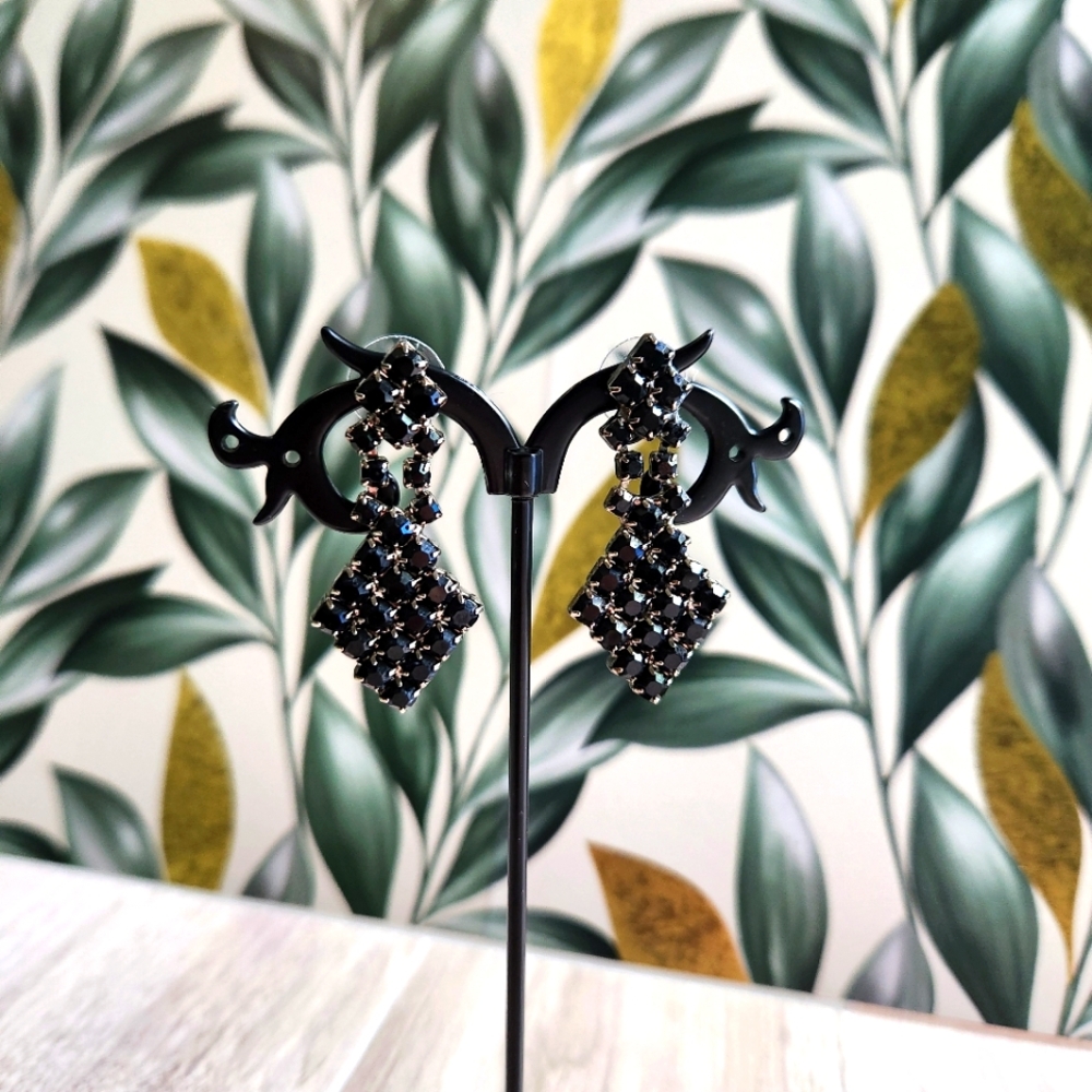 Black Rhinestone Mourning Earrings Pierced Diamond  Dangle Vintage Cocktail